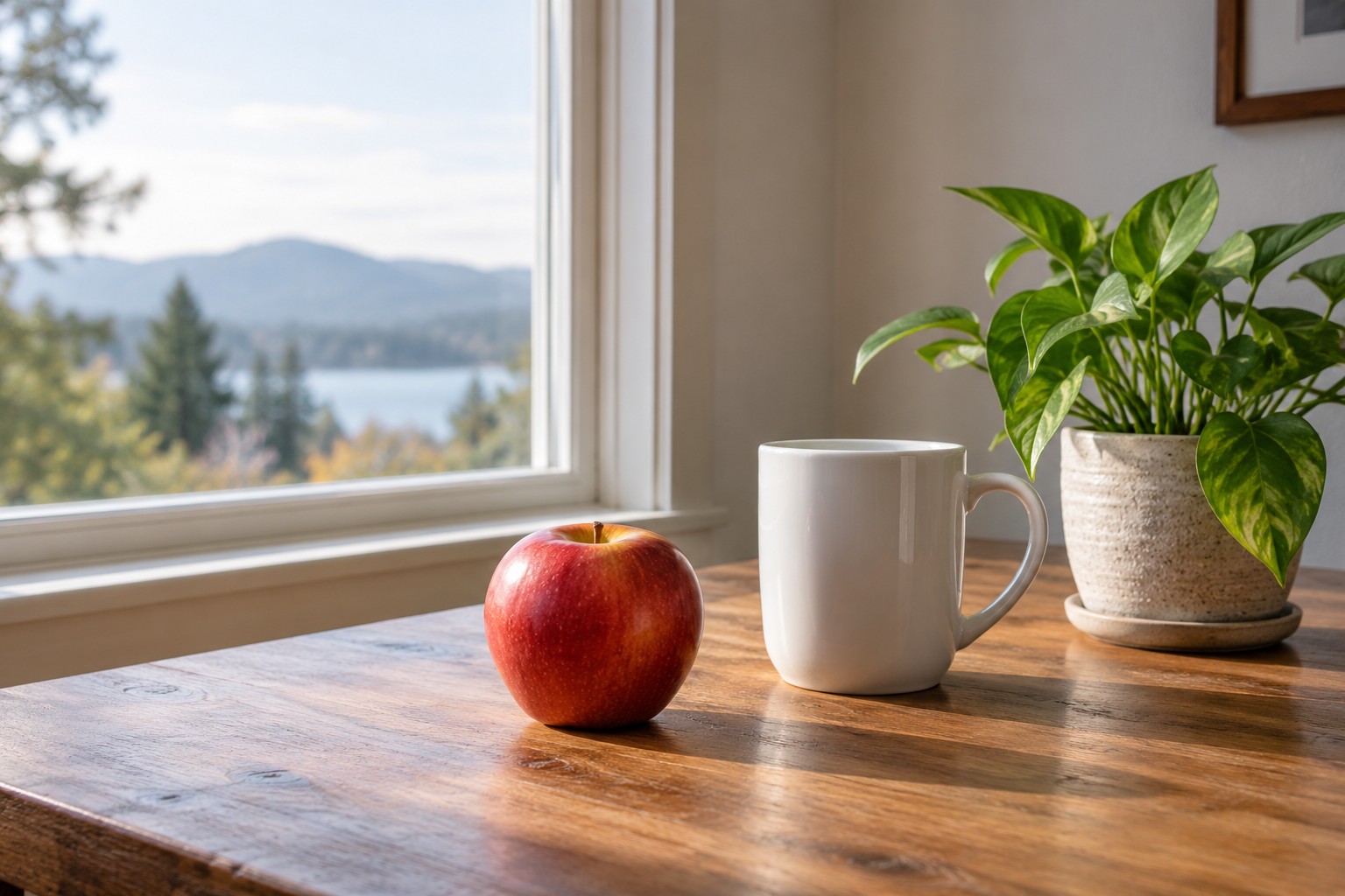 AI-generated apple, plain mug and plant still life for practicing drawing and composition.