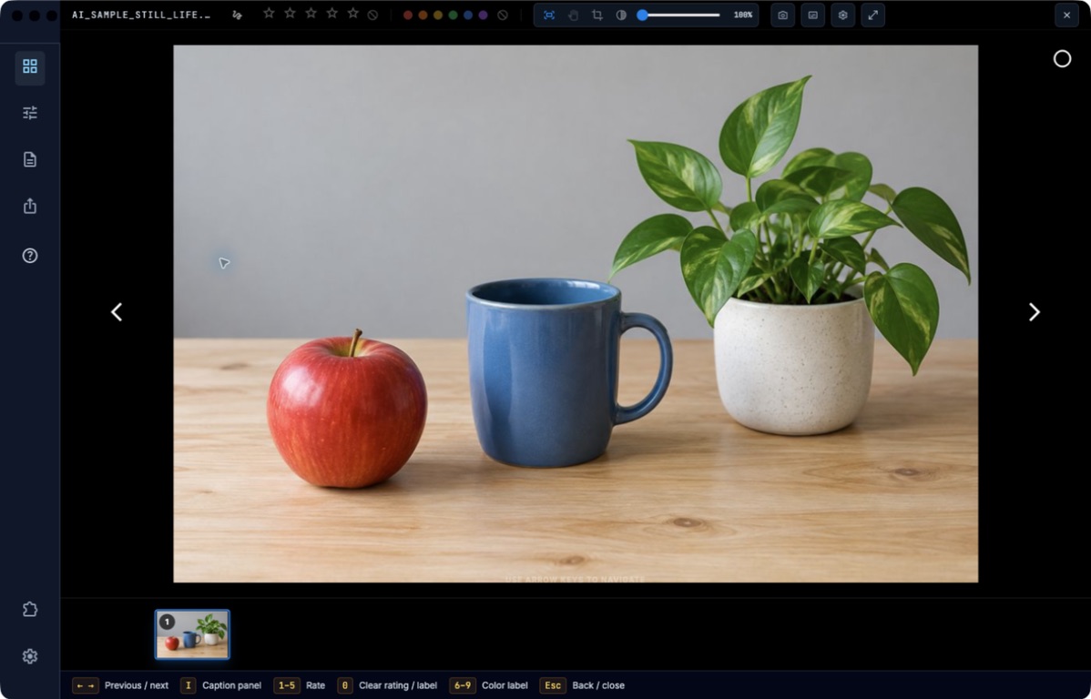 Carousel displaying the AI-generated still life with rating and navigation controls.