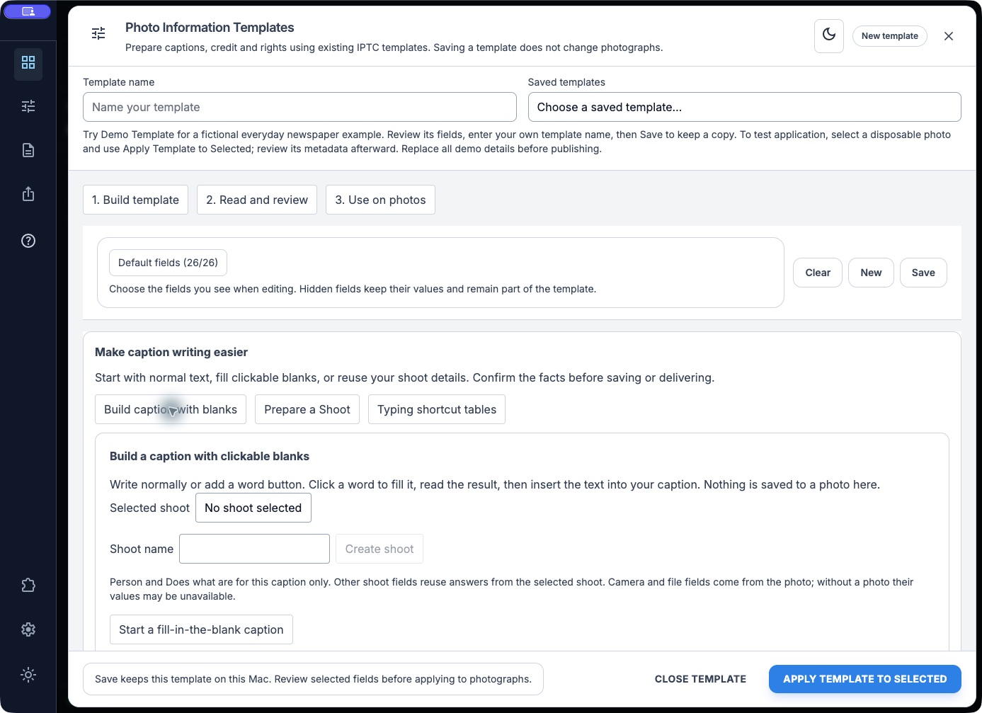 Actual native caption builder with clickable blanks, shoot fields and a reviewed result.