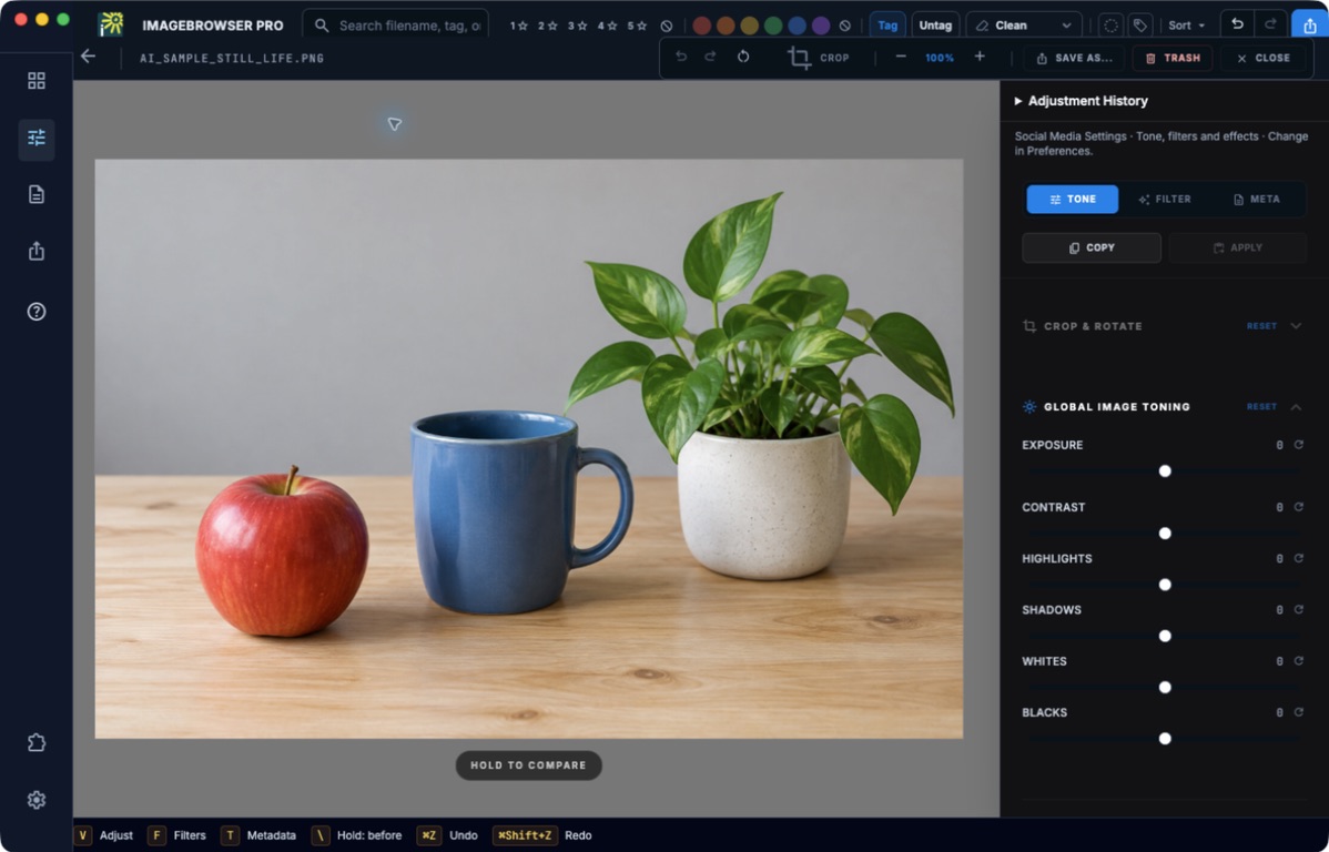 Tone editor showing an AI-generated still life and global image toning sliders.