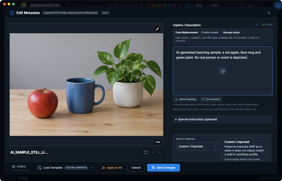 Edit Metadata window with an AI-generated still life and a caption identifying it as generated.