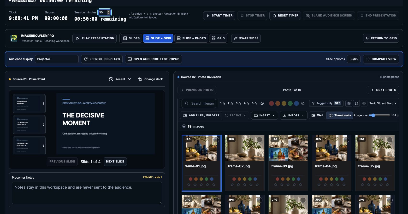 Dark-mode Presenter Studio showing the four audience layouts, a sample slide, and a photo grid filled with AI-generated still-life practice images. No real people or personal files appear.