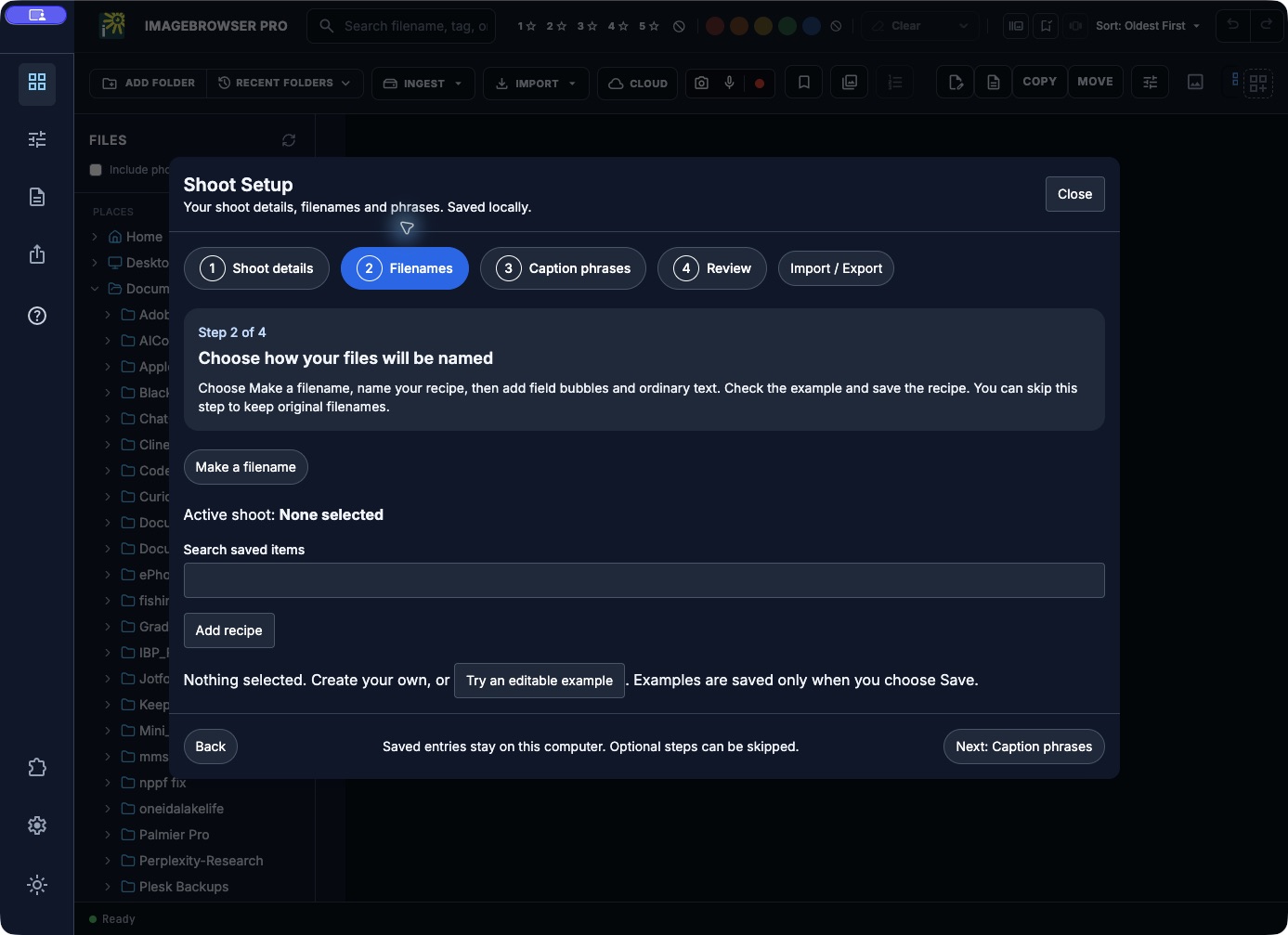 Actual native filename recipe setup with optional editable examples.