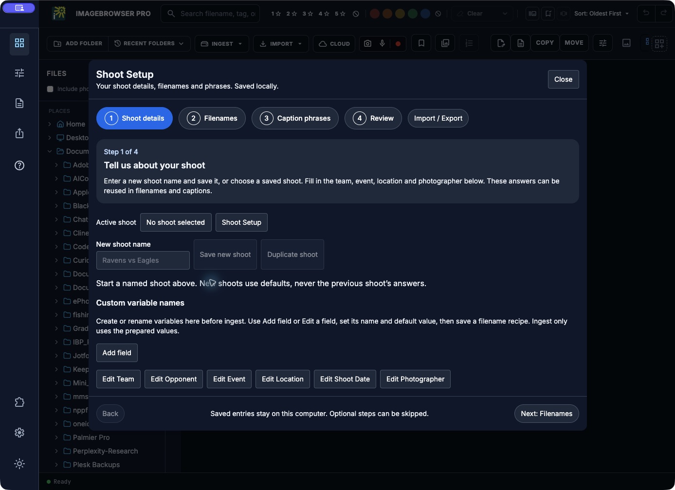 Actual native Shoot Setup window with four steps and a separate Import / Export area.
