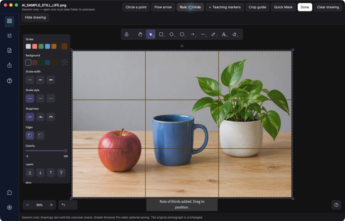 Draw workspace with a rule-of-thirds overlay on an AI-generated still life.