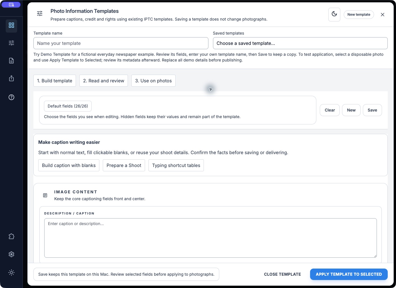 Actual native Photo Information Templates build window with grouped IPTC controls.