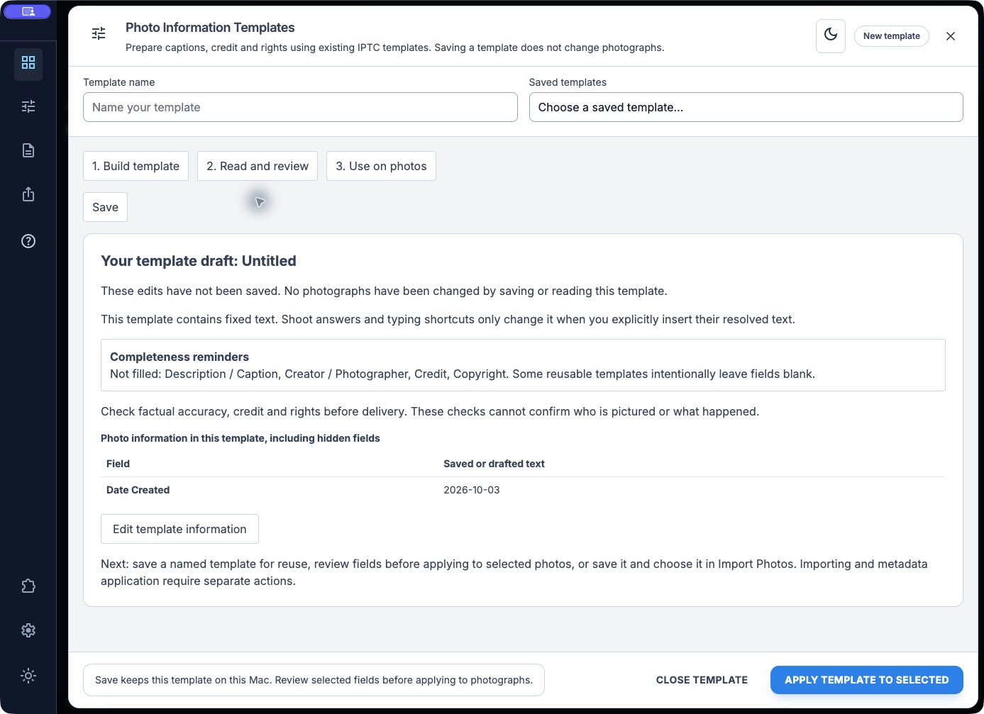 Actual native readable template review showing fixed-text and completeness reminders.