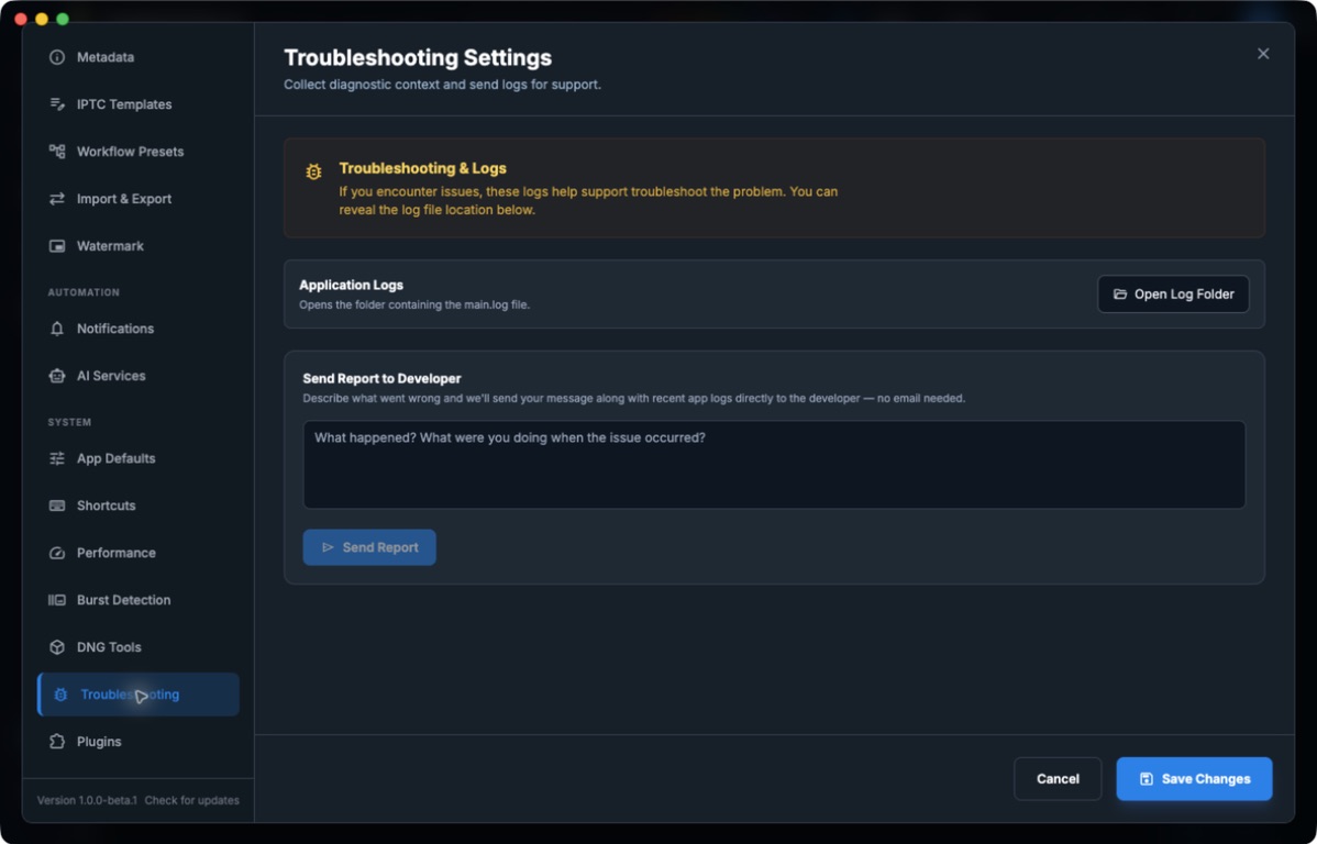 Troubleshooting Settings with Open Log Folder and an empty Send Report form.